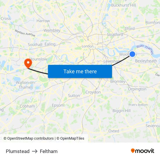 Plumstead to Feltham map