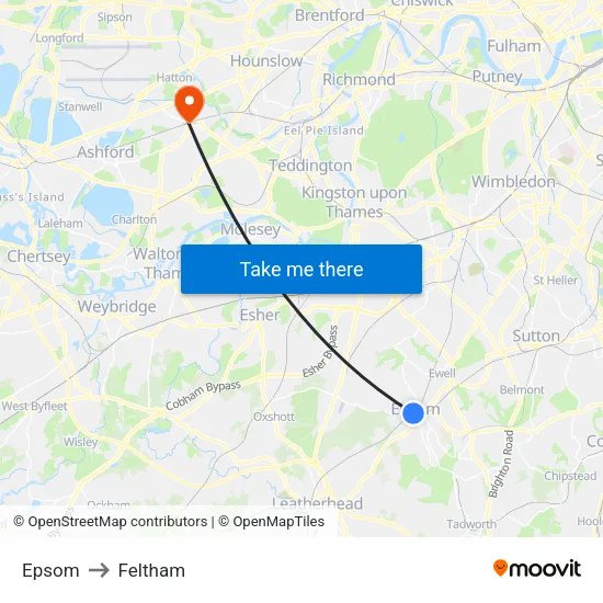Epsom to Feltham map