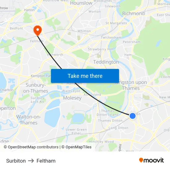 Surbiton to Feltham map