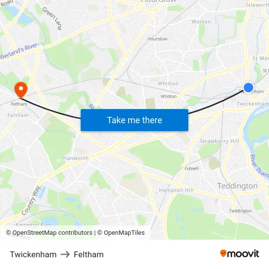 Twickenham to Feltham map