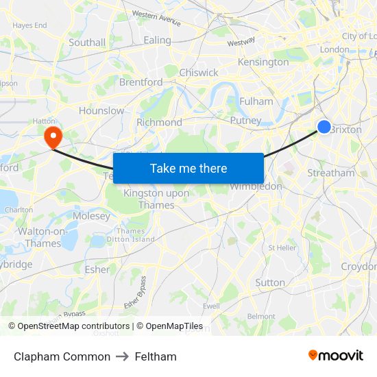 Clapham Common to Feltham map
