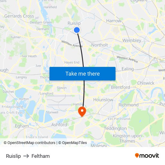 Ruislip to Feltham map