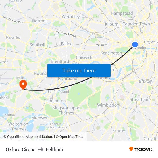 Oxford Circus to Feltham map