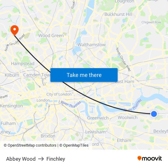 Abbey Wood to Finchley map