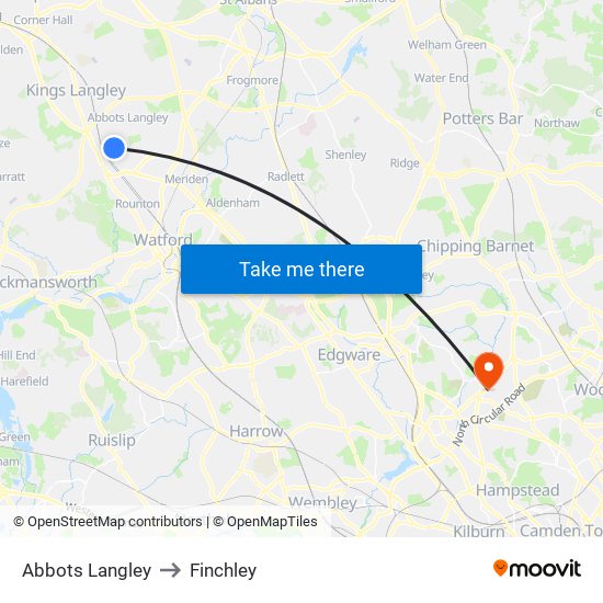 Abbots Langley to Finchley map