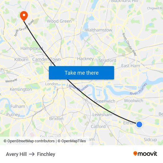 Avery Hill to Finchley map