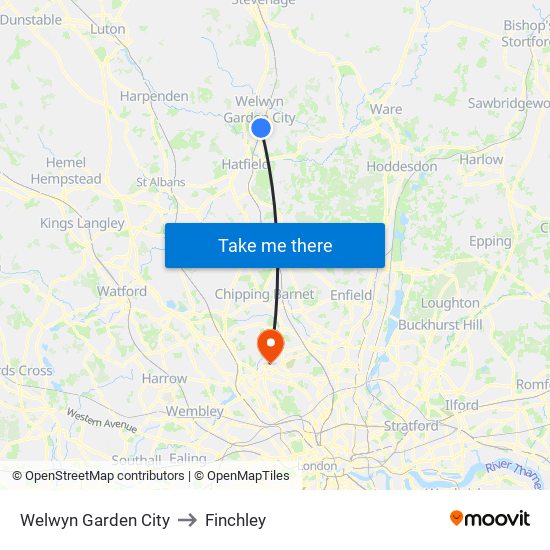 Welwyn Garden City to Finchley map