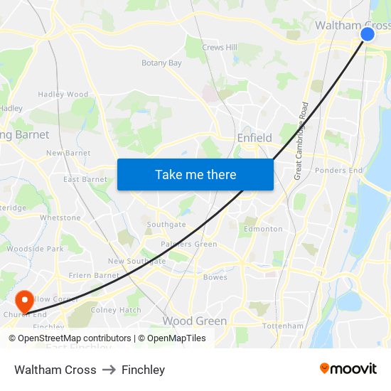 Waltham Cross to Finchley map