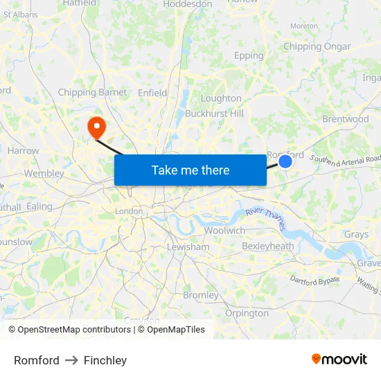 Romford to Finchley map