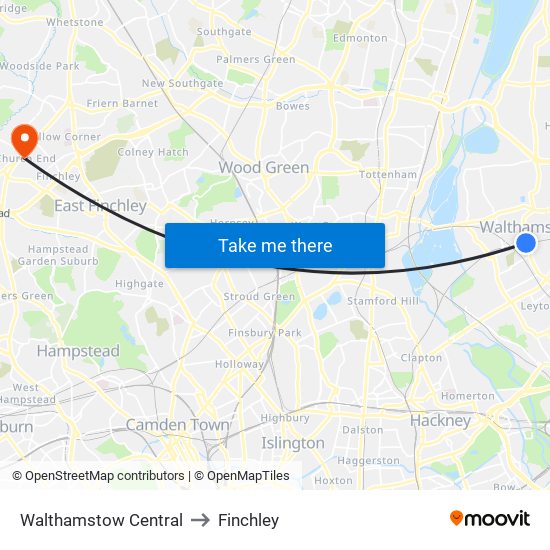 Walthamstow Central to Finchley map