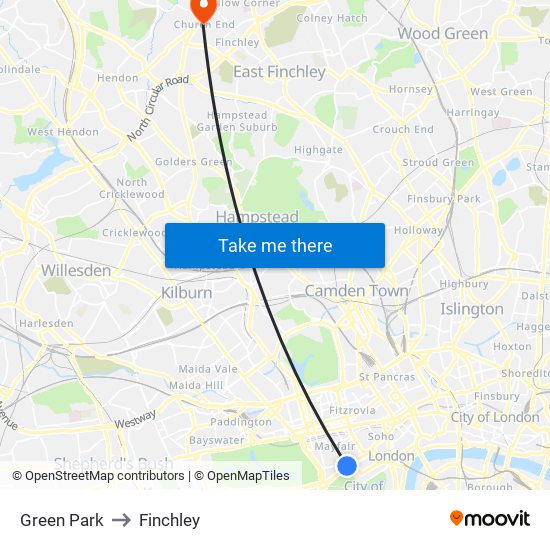 Green Park to Finchley map