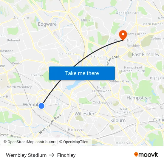 Wembley Stadium to Finchley map