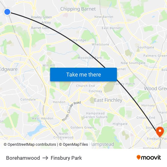 Borehamwood to Finsbury Park map