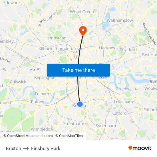 Brixton to Finsbury Park map