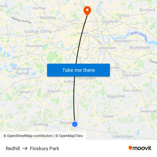 Redhill to Finsbury Park map