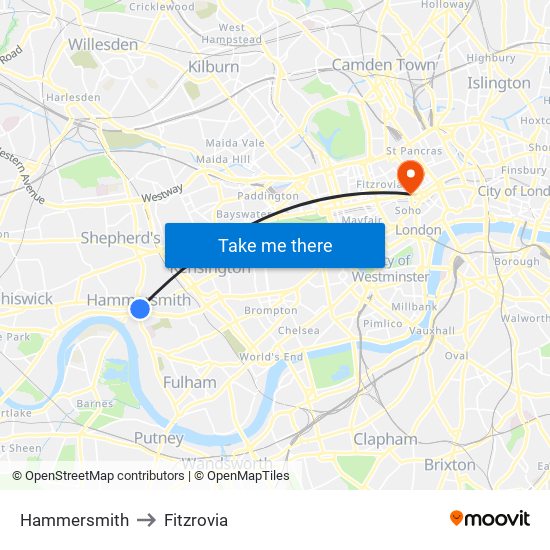 Hammersmith to Fitzrovia map