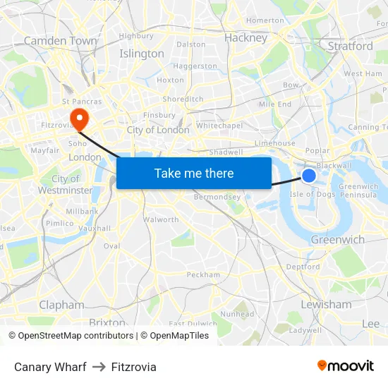 Canary Wharf to Fitzrovia map