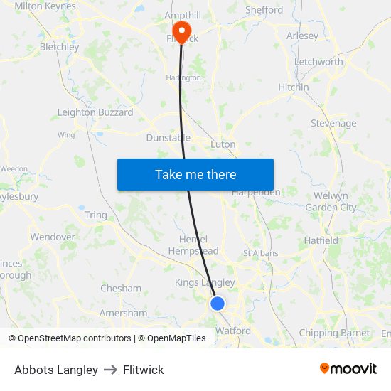 Abbots Langley to Flitwick map