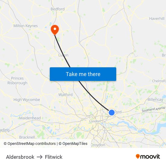 Aldersbrook to Flitwick map