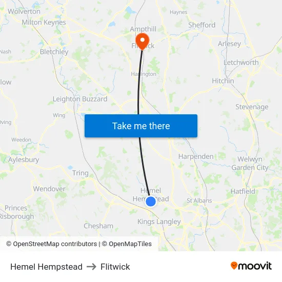 Hemel Hempstead to Flitwick map