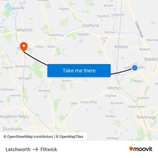 Letchworth to Flitwick map