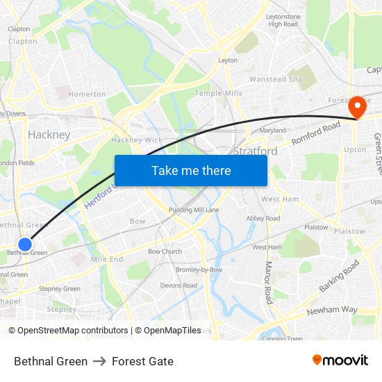 Bethnal Green to Forest Gate map