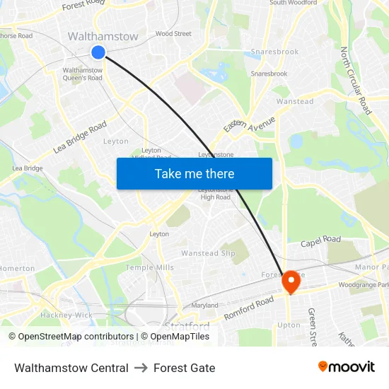 Walthamstow Central to Forest Gate map