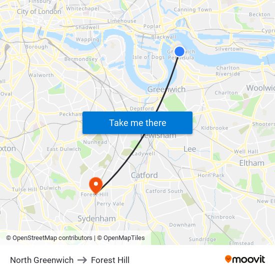 North Greenwich to Forest Hill map