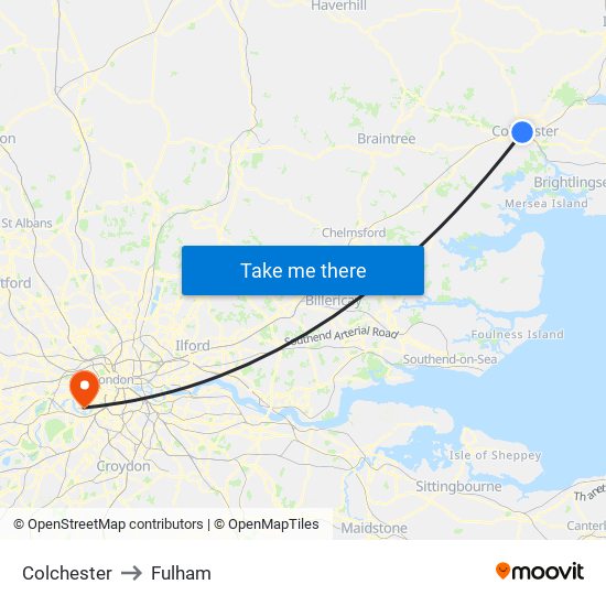 Colchester to Fulham map