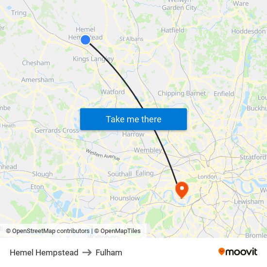 Hemel Hempstead to Fulham map