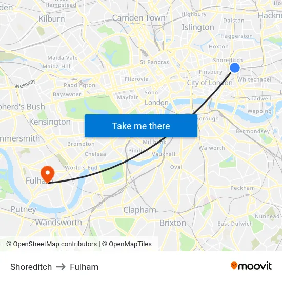 Shoreditch to Fulham map