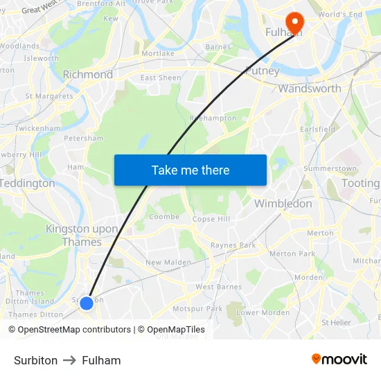 Surbiton to Fulham map