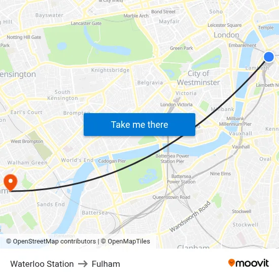 Waterloo Station to Fulham map