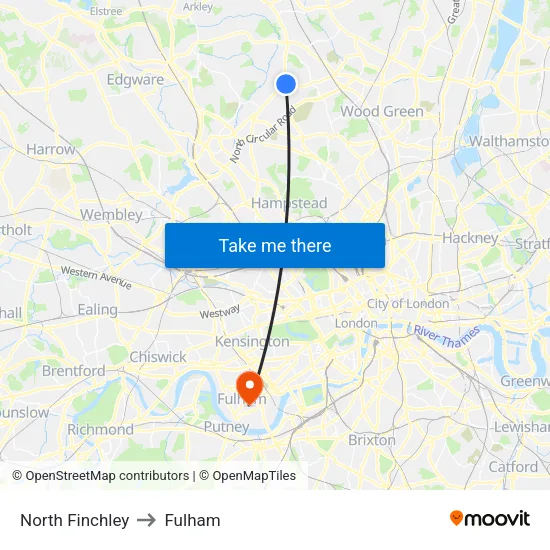 North Finchley to Fulham map