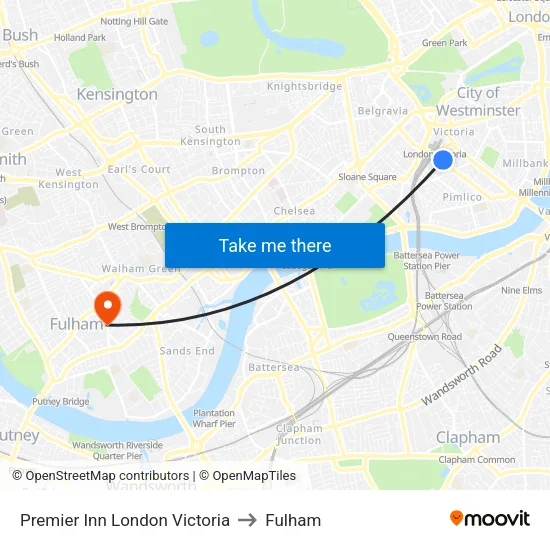 Premier Inn London Victoria to Fulham map