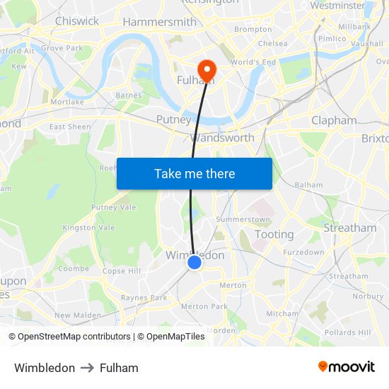 Wimbledon to Fulham map