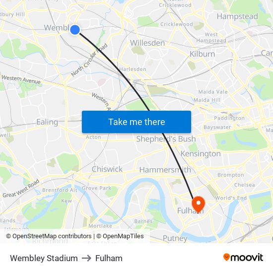 Wembley Stadium to Fulham map