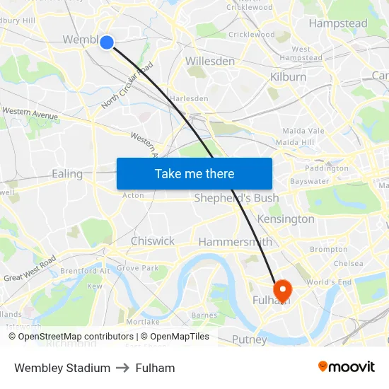 Wembley Stadium to Fulham map