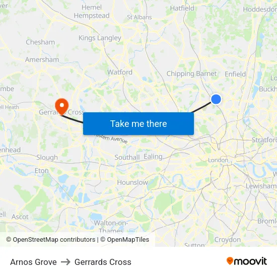 Arnos Grove to Gerrards Cross map