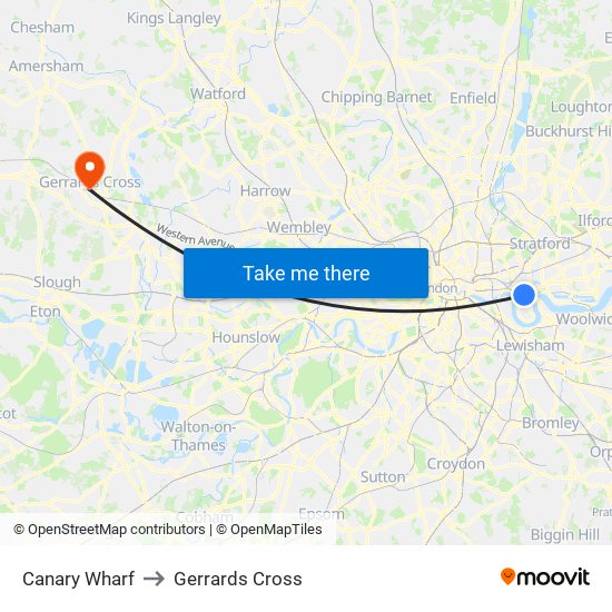 Canary Wharf to Gerrards Cross map