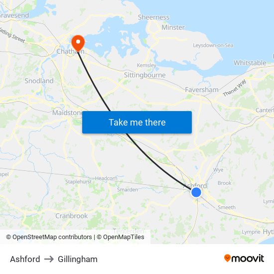 Ashford to Gillingham map