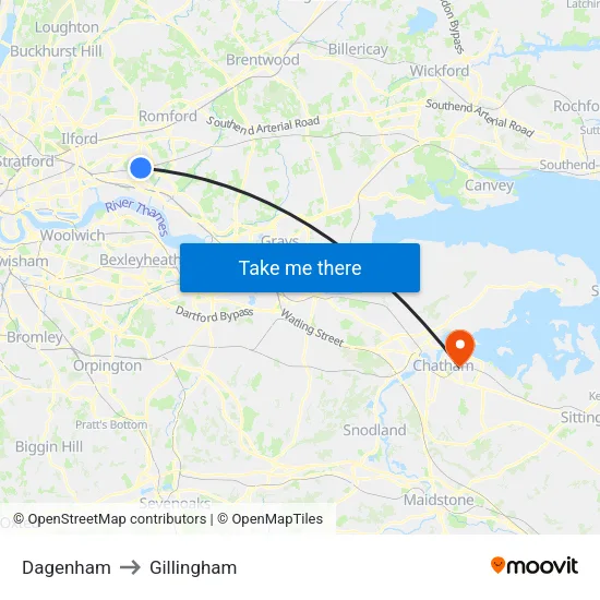 Dagenham to Gillingham map