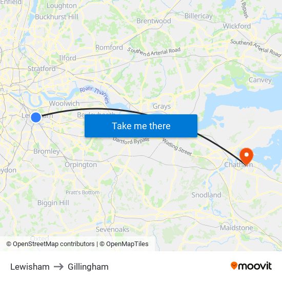 Lewisham to Gillingham map