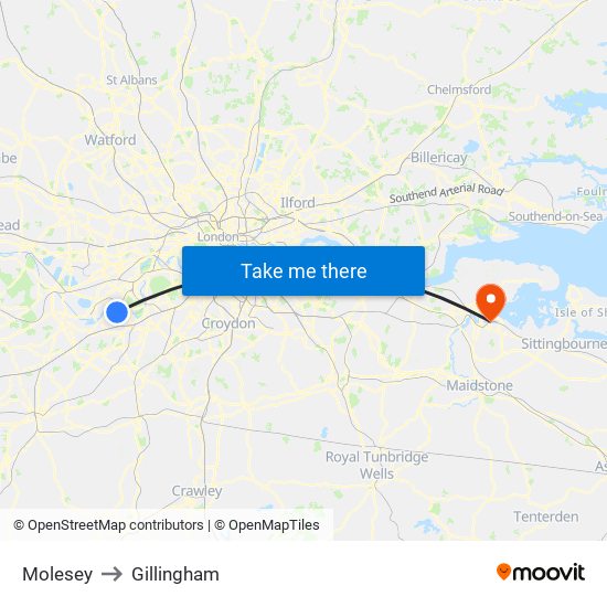 Molesey to Gillingham map