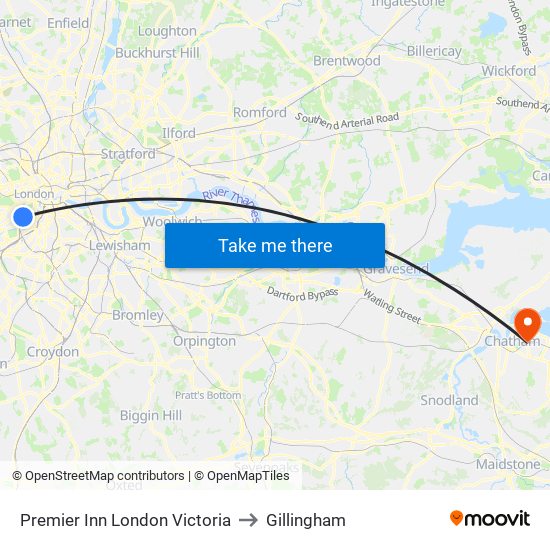 Premier Inn London Victoria to Gillingham map