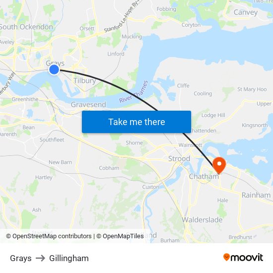 Grays to Gillingham map