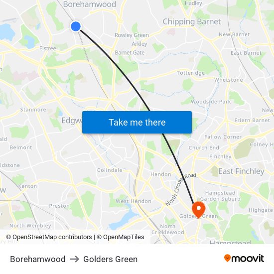 Borehamwood to Golders Green map