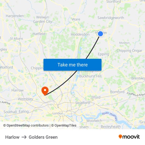 Harlow to Golders Green map