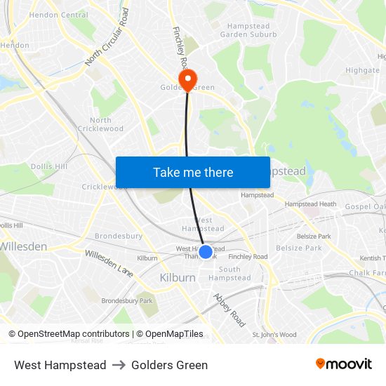 West Hampstead to Golders Green map