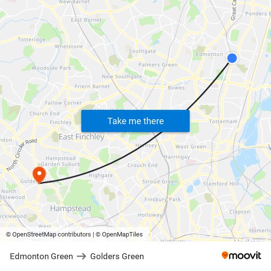 Edmonton Green to Golders Green map